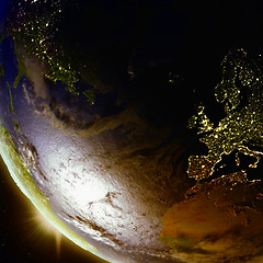 Image showing Sunset above Europe and North America from space