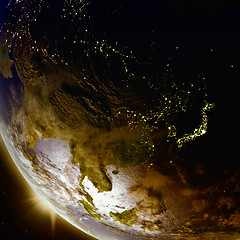 Image showing Sunset above East Asia from space