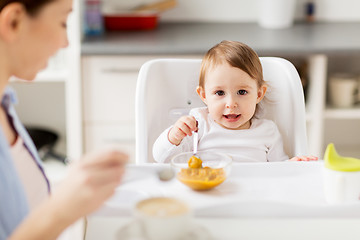 Image showing happy mother and baby having breakfast at home