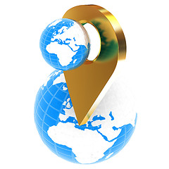 Image showing Planet Earth and golden map pins icon on Earth. 3d illustration.