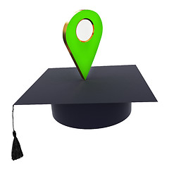 Image showing Geo pin with graduation hat on white. School sign, geolocation a