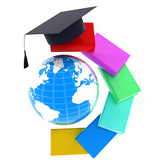 Image showing Earth of education with books around and graduation hat. Global 