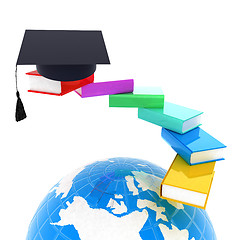 Image showing Earth of education with books around and graduation hat. Global 