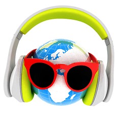 Image showing Earth planet with earphones and sunglasses. 3d illustration