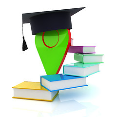 Image showing Pointer of education in graduation hat with books around. 3d ill