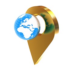 Image showing Planet Earth and golden map pins icon on Earth. 3d illustration.