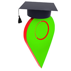 Image showing Geo pin with graduation hat on white. School sign, geolocation a