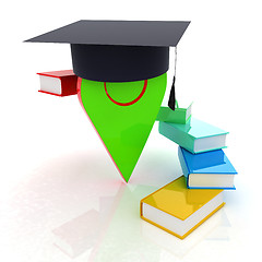 Image showing Pointer of education in graduation hat with books around. 3d ill