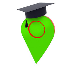 Image showing Geo pin with graduation hat on white. School sign, geolocation a