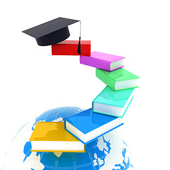 Image showing Earth of education with books around and graduation hat. Global 