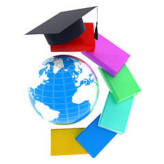 Image showing Earth of education with books around and graduation hat. Global 