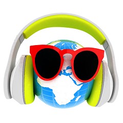 Image showing Earth planet with earphones and sunglasses. 3d illustration