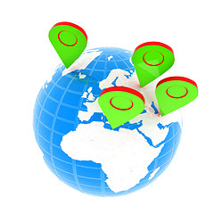 Image showing Planet Earth and map pins icon. Earth globe and colorful map lab