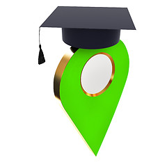 Image showing Geo pin with graduation hat on white. School sign, geolocation a