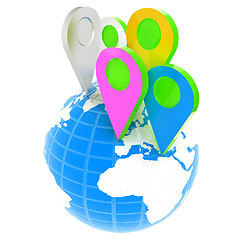 Image showing Planet Earth and map pins icon. Earth globe and colorful map lab