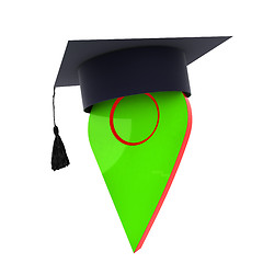 Image showing Geo pin with graduation hat on white. School sign, geolocation a