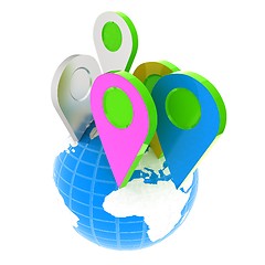 Image showing Planet Earth and map pins icon. Earth globe and colorful map lab