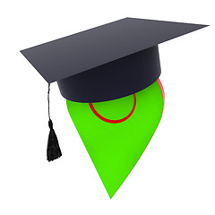 Image showing Geo pin with graduation hat on white. School sign, geolocation a