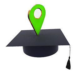 Image showing Geo pin with graduation hat on white. School sign, geolocation a