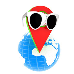 Image showing Glamour map pointer in sunglasses on Earth. 3d illustration