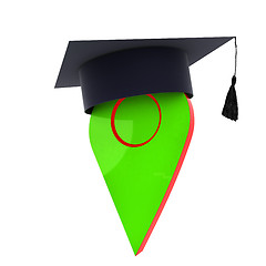 Image showing Geo pin with graduation hat on white. School sign, geolocation a