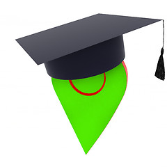 Image showing Geo pin with graduation hat on white. School sign, geolocation a