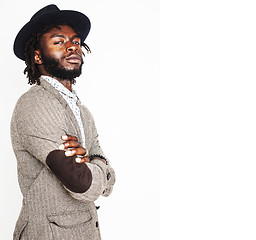 Image showing young handsome afro american boy in stylish hipster hat gesturin