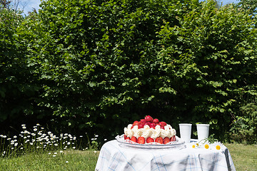 Image showing Strawberry cake on a table in the garden
