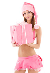 Image showing santa helper girl in pink with gift box