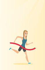 Image showing Young caucasian sportswoman crossing finish line.