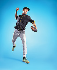 Image showing The one caucasian man as baseball player playing against blue sky