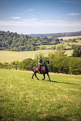 Image showing Beautiful young woman rides her black Horse 