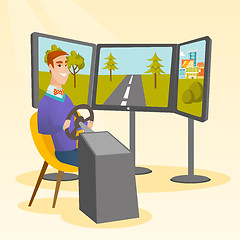 Image showing Caucasian man playing video game with gaming wheel