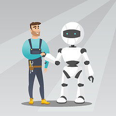Image showing Young caucasian man handshaking with robot.