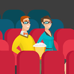 Image showing Caucasian couple watching 3D movie in the theatre.