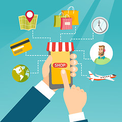 Image showing Hands holding phone connected with shopping icons.