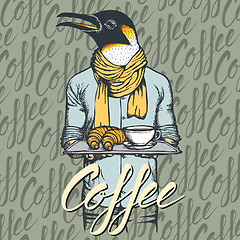 Image showing Vector Illustration of penguin with croissant and coffee