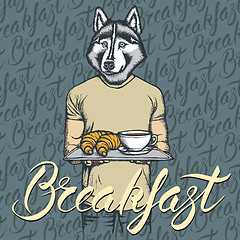 Image showing Vector Illustration of husky dog with croissant and coffee