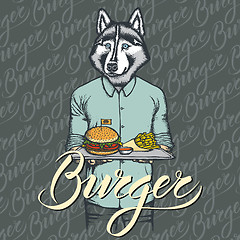 Image showing Vector Illustration of husky dog with burger and French fries