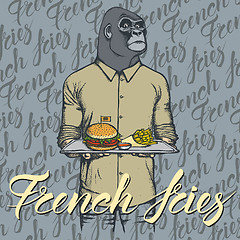 Image showing Vector Illustration of gorilla with burger and French fries