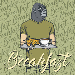 Image showing Vector Illustration of gorilla with croissant and coffee