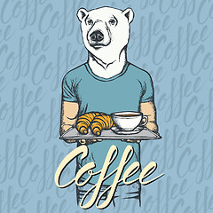 Image showing Vector Illustration of white bear with croissant and coffee