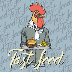 Image showing Vector Illustration of rooster with burger and French fries