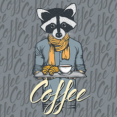 Image showing Vector Illustration of raccoon with croissant and coffee