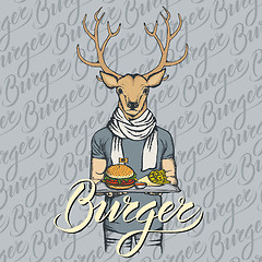 Image showing Vector Illustration of deer with burger and French fries