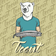 Image showing Vector white bear with fresh fish illustration