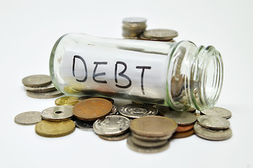 Image showing Debt lable in a glass jar with coins spilling out