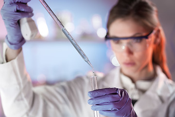 Image showing Young scientist pipetting in life science laboratory.