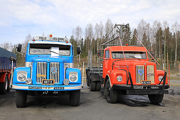 Image showing Two Classic Scania 76 Trucks on Display