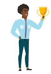 Image showing Caucasian business man holding a trophy.